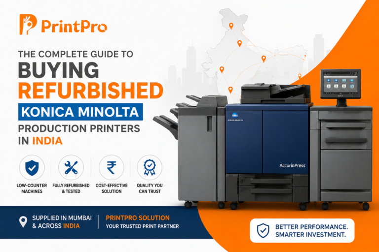 A complete guide to buying refurbished (RC) Konica Minolta AccurioPress production printers in Mumbai & across India — low-counter sourcing, full refurbishment, costs, models and what to check before you buy. Focus keyword: refurbished Konica Minolta production printer