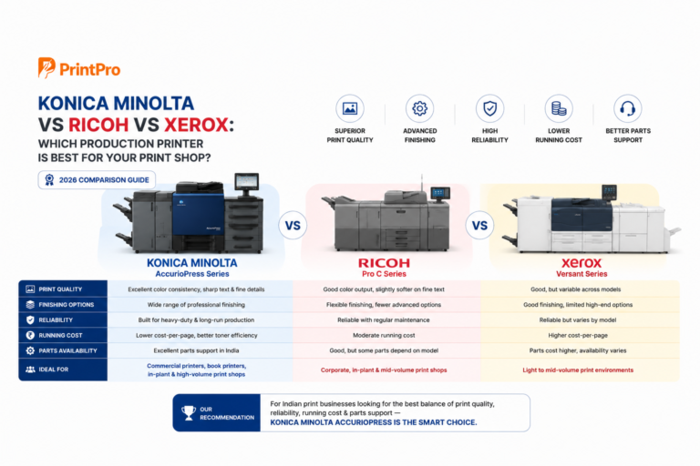 Konica Minolta AccurioPress, Ricoh Pro C and Xerox Versant production printers compared